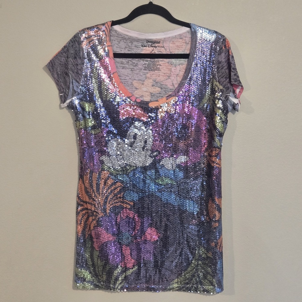 Women's Disney Parks Minnie Mouse Sequined Overlay Burn Out T-Shirt Sz L